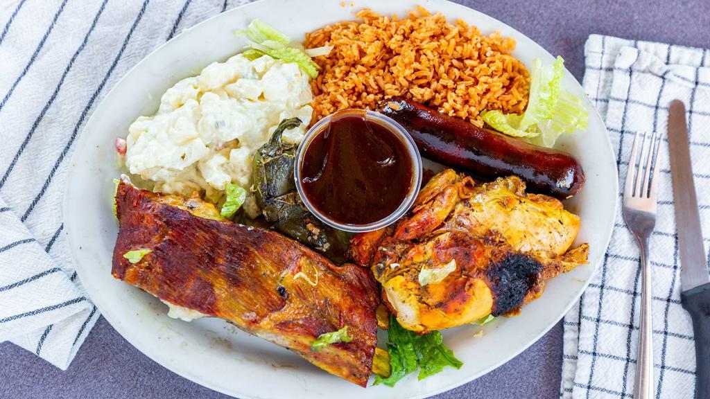 Chicken Breast, Hot Links & Pork Rib · Includes tortillas salsa grilled jalapeno and two sides.