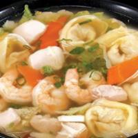 Wor Wonton Soup · Shrimp, chicken, cabbage, carrots, broccoli, and wontons in a clear, healthy broth topped wi...