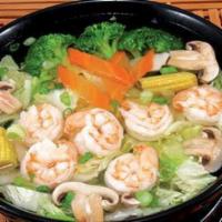 Shrimp With Mixed Vegetables Soup · Shrimp, broccoli, cabbage, carrots, squash, baby corn, mushrooms in a clear, healthy broth t...