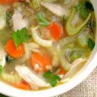 Chicken With Veggies Soup · Chicken, broccoli, cabbage, carrots, squash, baby corn, mushrooms in a clear, healthy broth ...