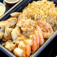 The Hana · Hibachi chicken breast & six pieces of hibachi shrimp served with fried rice and mixed veget...