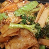 Spicy Garlic Fish · Spicy. Slice fish stir-fried with broccoli, bell pepper , water chestnut, bamboo slice and s...