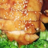 Teriyaki Chicken · Deep fried Chicken breast with 3 piece steam broccoli  with Teriyaki sauce and sesame on top.