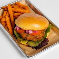 Earth Burger · House made vegan falafel burger served with a side of sweet potato fries!