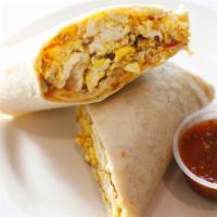Breakfast Burrito · With two eggs, cheese, hash browns & choice of ham or bacon.