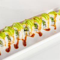 Caterpillar Roll · In: baked fresh water eel and cucumber, out: avocado and eel sauce.