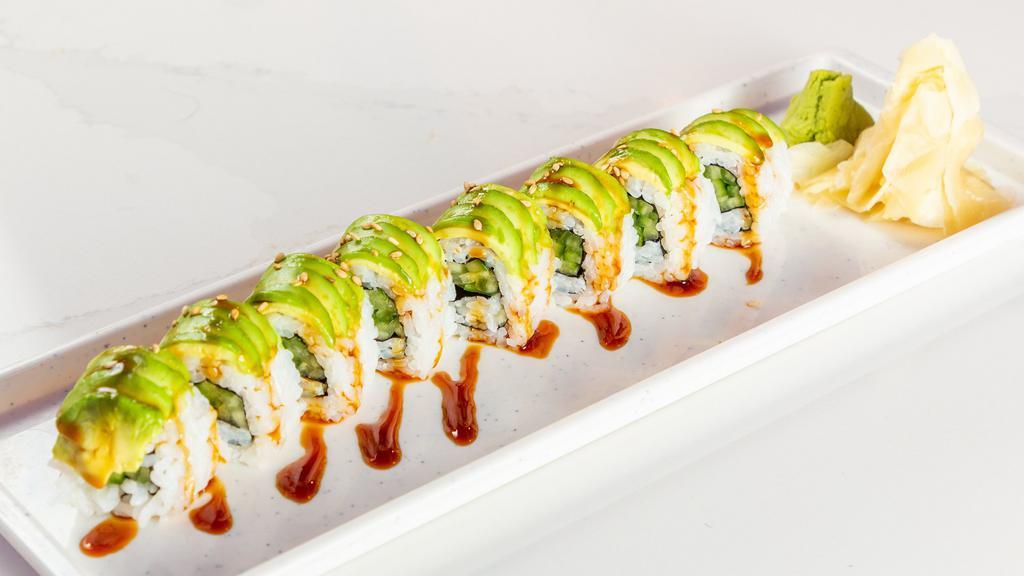 Crunchy Caterpillar Roll · In: shrimp tempura, carb, avocado. Out: avocado, tempura crunch.