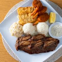 Seafood Combo · Fried fish, fried shrimp, and choice of additional protein served with steamed white rice an...