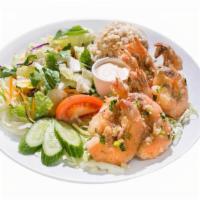 Garlic Shrimp Salad Plate · Mixed greens with cucumber and tomato (8 pieces of North Shore style garlic shrimp. Note: We...