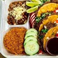 Crispy Cheese Plate  · 3 crispy birria tacos and cheese + Mexican Rice and Pinto beans on the side.