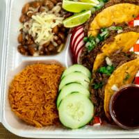 Crispy Taco  Plate · 3 Crispy birria tacos + Mexican Rice and Pinto Beans on the side.