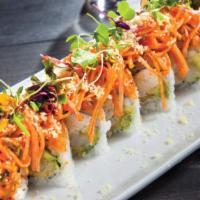 Kings Roll · New, mild. In: shrimp tempura, imitation crab meat, avocado. Out: seaweed, baked spicy salmo...