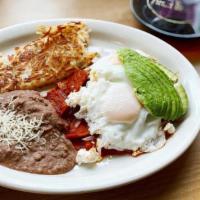 Chilaquiles · Fried tortillas marinated in your choice of homemade red, ranchero or green salsa topped wit...