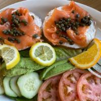Bagel & Smoked Salmon Plate · Smoked salmon, avocado, cucumber, tomato, onion, capers, and cream cheese served solo.