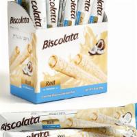 Biscolata Roll Coconut White Chocolate Wafer Snacks 0.84 Oz · Crispy wafers coated with premium dark, white or milk chocolate.