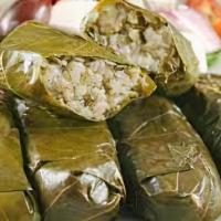 Grape Leaves · Two grape leaves stuffed with rice and lemon.