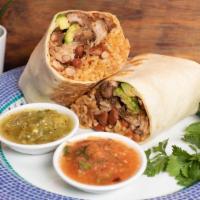 Carnitas Burrito · Carnitas, Mexican season rice, pinto beans, cheese, and avocado in a flour tortilla with a s...