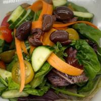 Mista Insalata · Mixed greens, cherry tomatoes, carrots, cucumbers, olives & balsamic dressing (vegan)