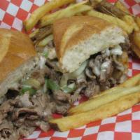 Philly Cheesesteak · Grilled onion, julienned bell pepper, Grilled mushroom, Swiss cheese on 6