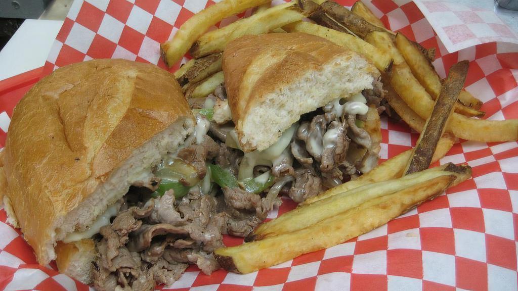 Philly Cheesesteak · Grilled onion, julienned bell pepper, Grilled mushroom, Swiss cheese on 6