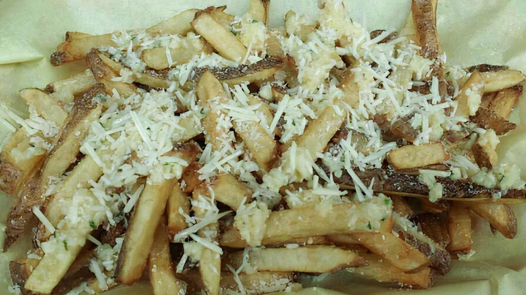 Parmesan Garlic Fries · French Fries  spiced up with Garlic Butter, and Parmesan Cheese sprinkled