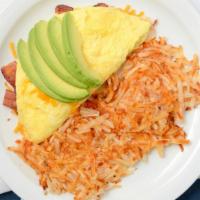 Ocean View Omelet · Served with a bread slice and your choice of hash browns or fresh seasonal fruit. Avocado, c...