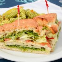 Chicken Pesto · Comes with a choice of pasta salad or maize salad. Chicken breast, pesto sauce, Swiss cheese...