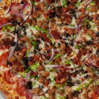 Super (Medium) · Cheese, pepperoni, ham, sausage, mushrooms, onions, green peppers, and black olives.