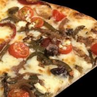 Greek (Medium) · Cheese, Feta cheese, fresh garlic, tomatoes, onions, green peppers and kalamata olives.