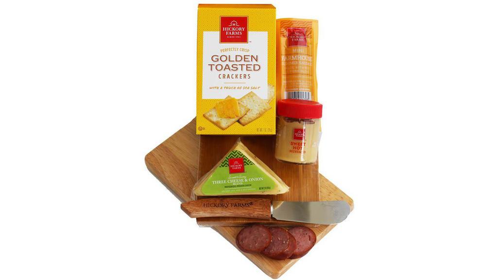 Hickory Farms Cheese Board Box · Send big flavors with this personal-sized sampling of Hickory Farms favorites that includes keepsake mini cheese board and collection of gourmet goodies. Includes: Crackers (1 oz, I count); Gourmet Cheese (2 oz, 1  count); Sausage (1.75 oz, 1 count); Mustard (1.25 oz, 1 count); Cheese Knife.