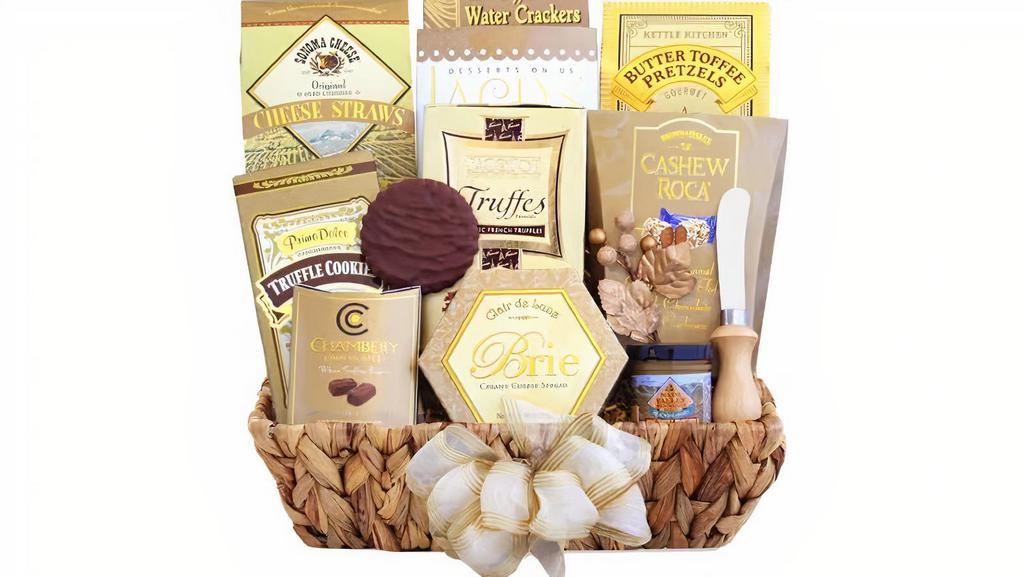 Full-Flavor Gourmet Food Basket · Elegant gourmet basket of treats. Includes: Cheese Spread (3.5 oz each, 1 count); Chocolate Truffles (0.78 oz each, 1 count); Truffle Cookies (1.8 oz each, 1 count); Cheese Straws (2 oz each, 1 count); Crackers (2 oz each, 1 count); Wafer Cookies (1.10 oz each, 1 count); Cashew Roca (1.27 oz each, 1 count); Butter Toffee Pretzels (2 oz each, 1 count); French Truffles (3.5 oz each, 1 count); Mustard (1.75 oz each, 1 count); Cheese Knife (1 count).