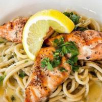 Salmon Picatta · Grilled salmon on top of house made spaghetti tossed in a sauce of lemon, butter, white wine...