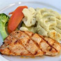 Kid'S Grilled Chicken · Served with fresh seasonal vegetables and a choice of mashed potatoes or salad. Gluten free....