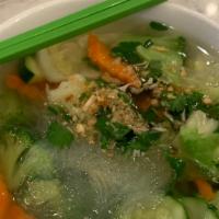 Glass Noodles Soup · Glass noodles and mixed vegetables with your choice of chicken or tofu in clear broth. Toppe...