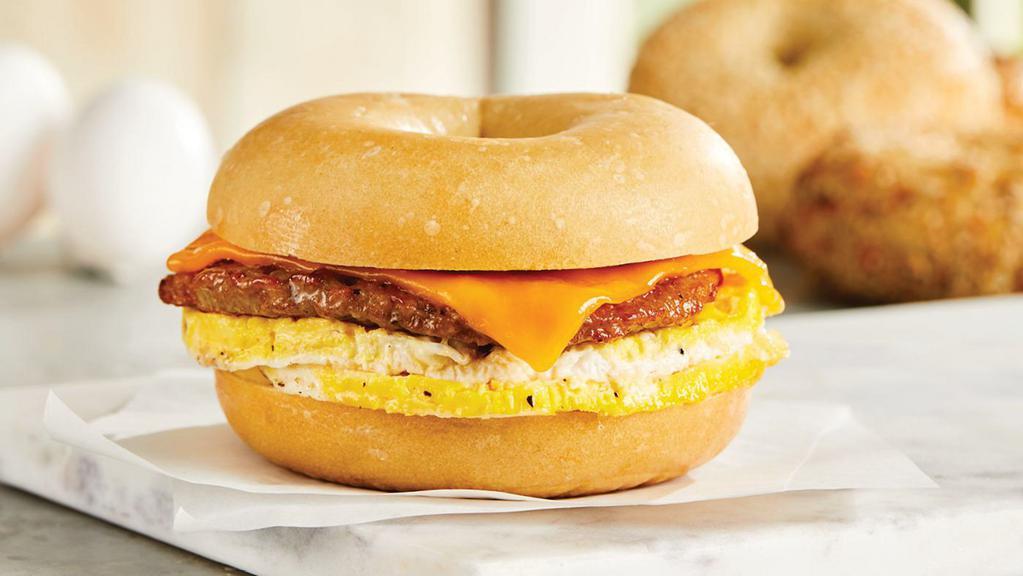 Egg, Sausage & Cheese · A perfectly seasoned fresh-cracked egg along with breakfast pork sausage topped with your choice of cheese on any one of our authentic New York style bagels.
