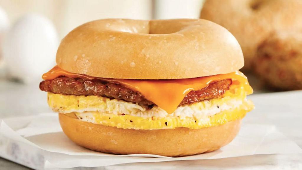 Egg, Turkey Sausage & Cheese · A perfectly seasoned fresh-cracked egg along with turkey sausage topped with your choice of cheese on any one of our authentic New York style bagels.