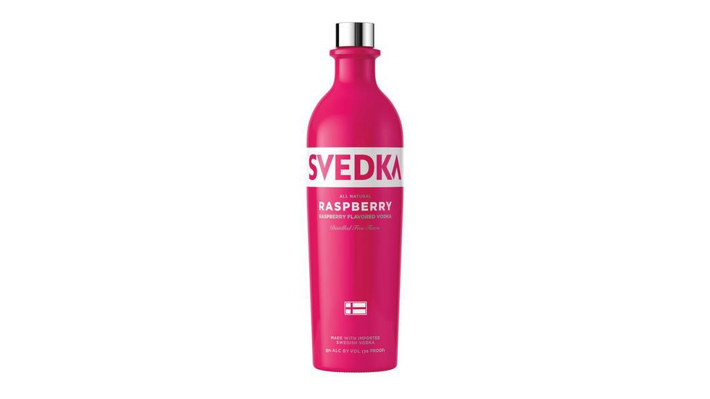 Svedka Vodka Raspberry (750 Ml) · SVEDKA Raspberry Flavored Vodka is a smooth and easy-drinking vodka with delicate and juicy raspberry flavor, making it an ideal addition to countless vodka cocktails. Made with the finest spring water and winter wheat, this raspberry vodka is distilled five times to remove impurities, resulting in a clean, clear taste with a balanced body and a subtle, rounded sweetness. A silky-smooth texture and clean, mouthwatering acidity make this SVEDKA vodka delicious on the rocks or in vodka martinis, as well as paired with decadent desserts. Experience this berry vodka mixed into sweet cocktails, like the signature RASP_BUBBLES and SVEDKA SQUEEZE_ME raspberry vodka drinks, and try it with refreshing muddled mint in a Raspberry Julep cocktail. Or chill this 750 mL bottle of distilled vodka for enjoying in a vodka on the rocks, savoring the crisp finish. BRING YOUR OWN SPIRIT.¬Æ ENJOY RESPONSIBLY. ¬©2021 Spirits Marque One, San Francisco, CA. Flavored Vodka 35% alc/ vol