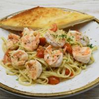 Shrimp Scampi With Lobster Butter Sauce Platter · Shrimp, linguine, lobster butter sauce, parmesan cheese, tomatoes & garlic bread.