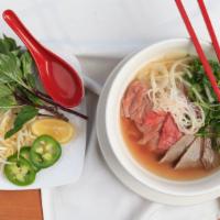 Rare Steak, Well Done Steak · Pho rice noodle soup choice of BBQ grilled tender marinated meat served with fresh basil, sp...