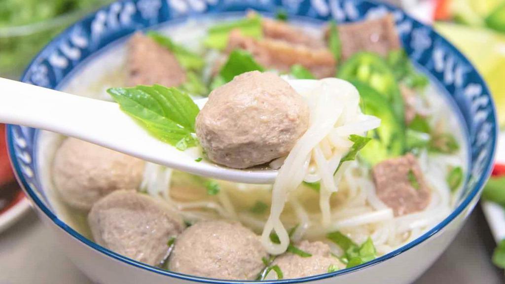 Meatball Soup · Meatball rice noodle pho soup served with fresh basil, sprouts, lime & jalapenos.