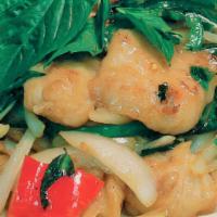 Basil Fish · Tasty battered basa fish fillet stir fried with fresh basil leaves, onions & garlic mixed wi...