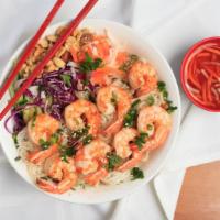 Bun Tom · Grilled shrimp with rice vermicelli noodles served with fresh salad & fish sauce.