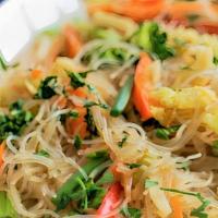Vegetarian Pancit · Filipino pancit rice noodles stir fried with fresh vegetables & tofu.
