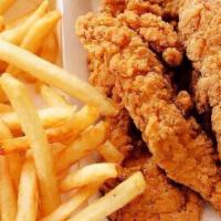 Chicken Tenders & Fries · 4 pieces.  Crispy chicken tender strips with fresh french fries.