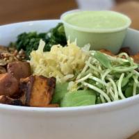 Healthy Belly Bowl · (Vegan, Gluten- Free). Baby spinach, sauteed garlic quinoa, sauteed kale, roasted yams, saue...