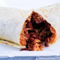 Burritos · Filled with yellow rice, pinto beans, sour cream, cheese, lettuce, pico de gallo, and your c...
