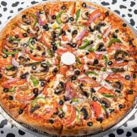 Veggie Gourmet Pizza · Vegetarian. Mushrooms, red onions, tomatoes, olives, bell peppers, garlic, marinara sauce an...