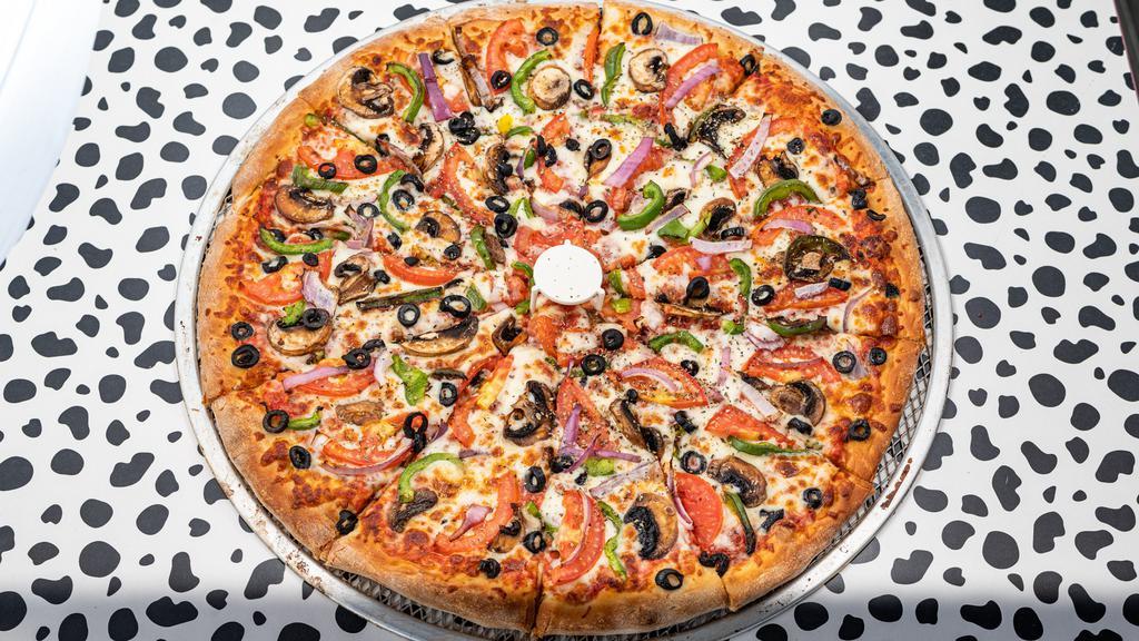 Veggie Gourmet Pizza · Vegetarian. Mushrooms, red onions, tomatoes, olives, bell peppers, garlic, marinara sauce and mozzarella cheese.