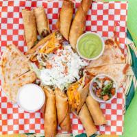 Fiesta Platter · Beef taquitos, chicken flautas, quesadillas, hard tacos, sope, pico de gallo, sour cream and...