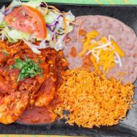 Camarones Rancheros · Shrimp in ranchero sauce. Comes with rice, beans and salad.